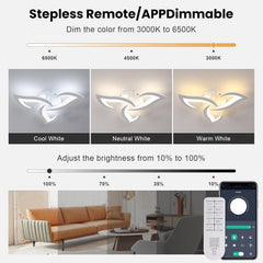 Light fixture with color temperature and brightness adjustment options, shown in a living room setting.