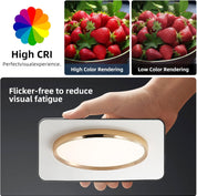Light fixture with strawberries showing high and low color rendering, and text about flicker-free design.