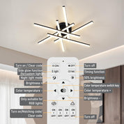 Ceiling light fixture with remote control and feature labels in a room setting