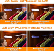 Light sensor lamp turns on in the dark and off after 20 seconds of no motion, with a woman looking at clothes on hangers.