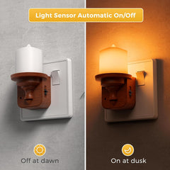 Light sensor night light switch on a wall with text indicating automatic on/off functionality.