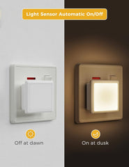Light sensor switch with 'Off at dawn' and 'On at dusk' functionality on a gray and brown background.