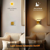 Light sensor wall lamp in a living room setting with 'Off at Dawn' and 'On at Dusk' labels.
