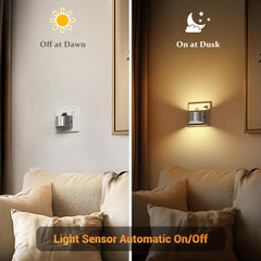 Light sensor wall lamp in a living room setting with 'Off at Dawn' and 'On at Dusk' labels.