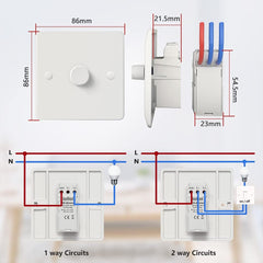 Light switch diagram with dimensions and wiring instructions on a blurred background
