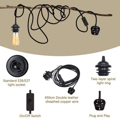 Lighting components including a light socket, wire, switch, and plug on a beige background.