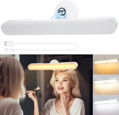 Lighting fixture above a mirror with a woman applying makeup, showing different light settings.