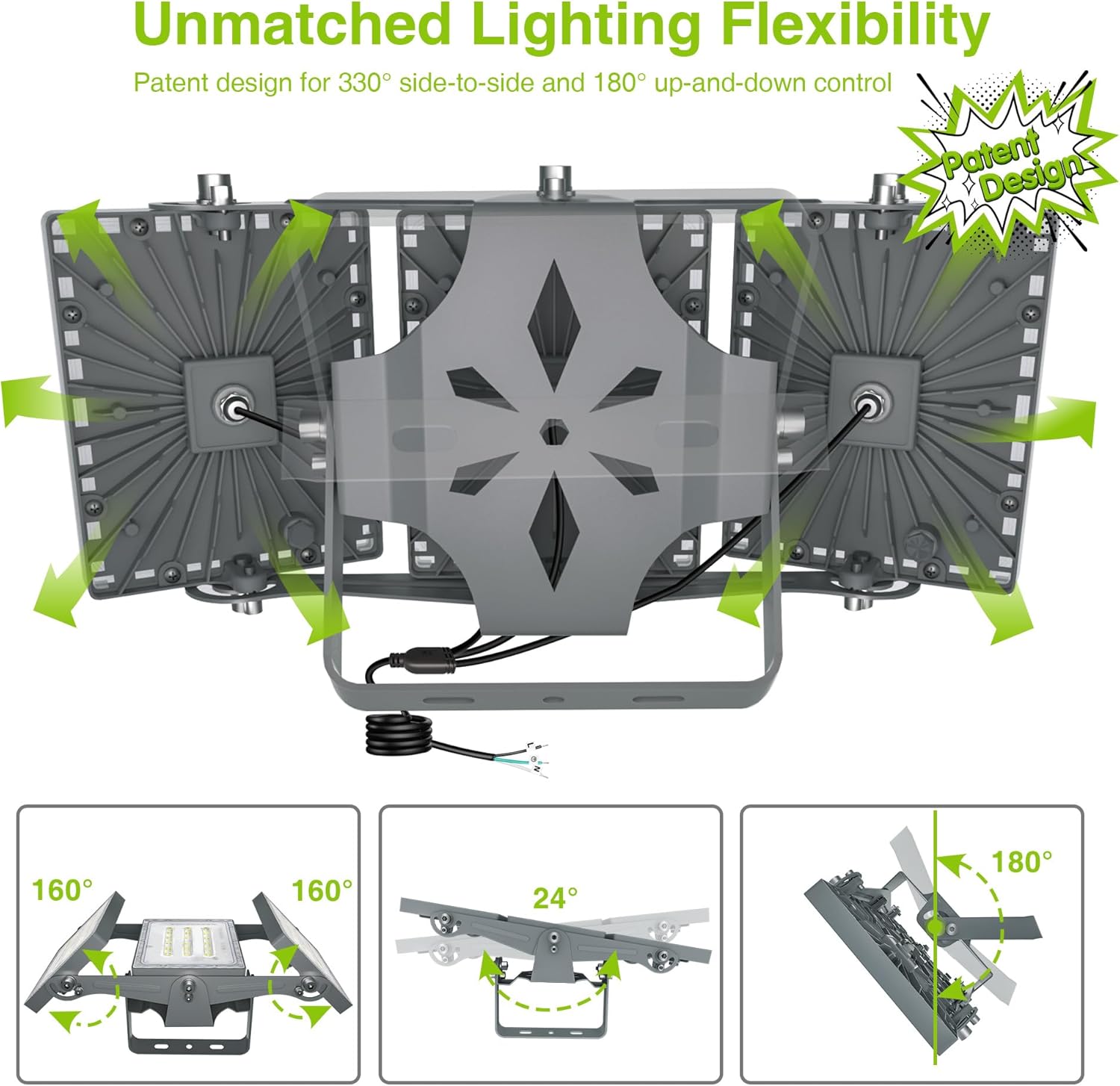 Lighting fixture with unmatched flexibility features on a white background