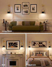 Living room with a green sofa, wall art, and side tables. Bedroom with a bed and wall art.