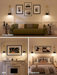 Living room with a green sofa, wall art, and side tables. Bedroom with a bed and wall art.
