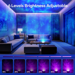 Living room with blue light projector casting a relaxing glow, 6 levels of brightness displayed below.