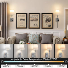 Living room with framed newspaper articles on the wall and adjustable color temperature display.