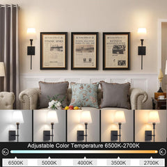 Living room with framed newspaper articles on the wall, sofa with cushions, and adjustable color temperature display.