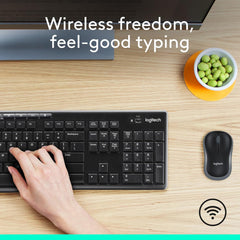 Logitech keyboard and mouse set on a desk with text 'Wireless freedom, feel-good typing'.
