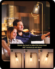 Man and woman interacting with a floor lamp in a room setting, with instructions on adjusting the lamp head.
