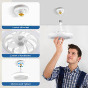 Man installing a ceiling fan with step-by-step instructions on a white background