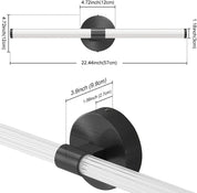 Measurement chart of a black shower curtain rod with dimensions labeled.