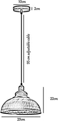 Measurement chart of a pendant light with dimensions labeled.