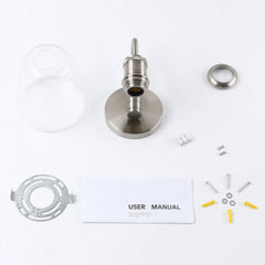 Metallic faucet assembly with parts and user manual on a white background