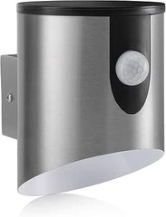 Metallic outdoor wall light fixture with motion sensor on a white background
