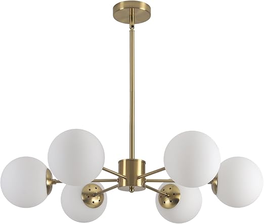 Chandelier with six white glass bulbs and gold metal fixture on a white background