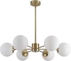 Chandelier with six white glass bulbs and gold metal fixture on a white background