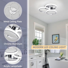 Modern LED ceiling light with metal ceiling plate, chrome aluminum, and acrylic lampshade in a bathroom setting.