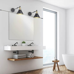 Modern bathroom with white vanity, mirror, and bathtub.