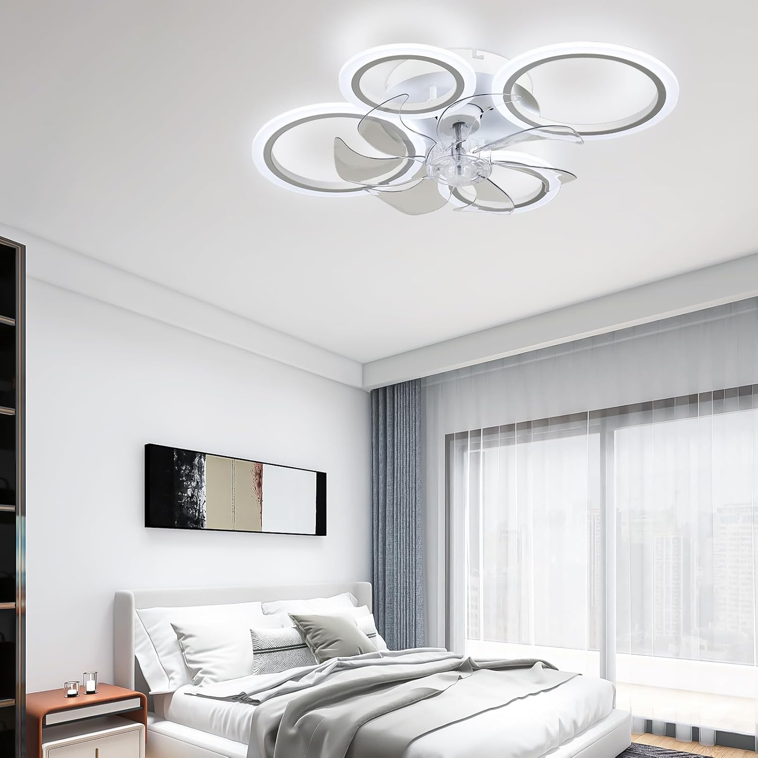 Modern bedroom with a ceiling light fixture