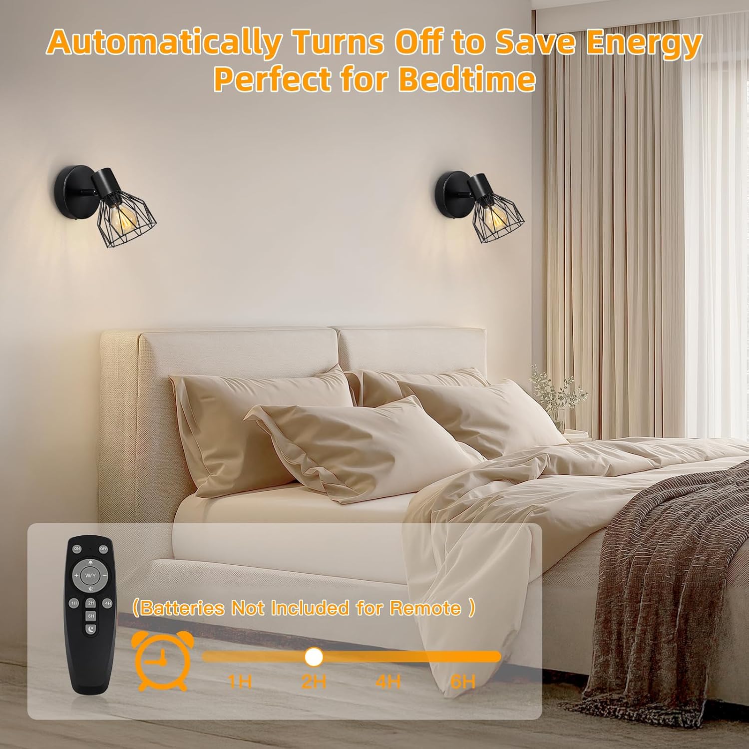 Modern bedroom with wall-mounted lights and a remote control, emphasizing energy-saving feature.