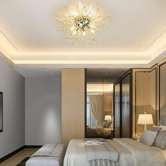 Modern bedroom with a decorative ceiling light fixture.