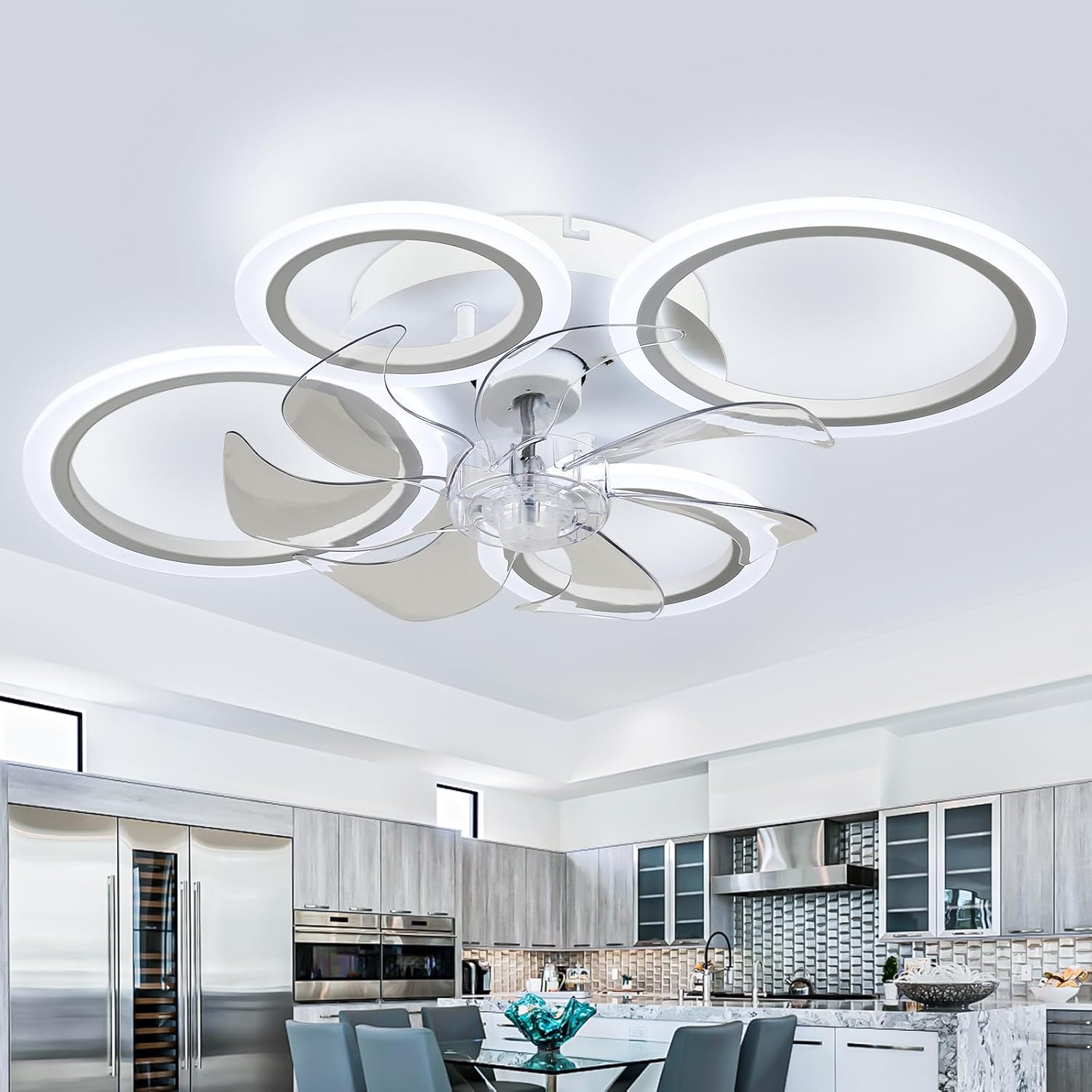 Modern ceiling fan with light fixture in a kitchen setting