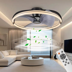 Modern ceiling fan with light fixture in a living room setting