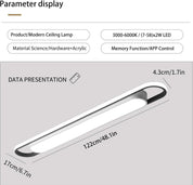 Modern ceiling lamp with dimensions and technical specifications on a gray background