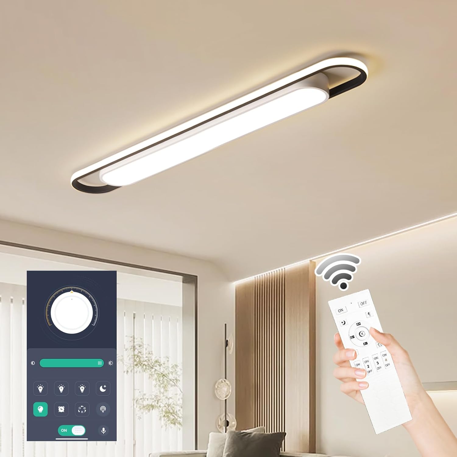 Modern ceiling light fixture with remote control in a living room setting