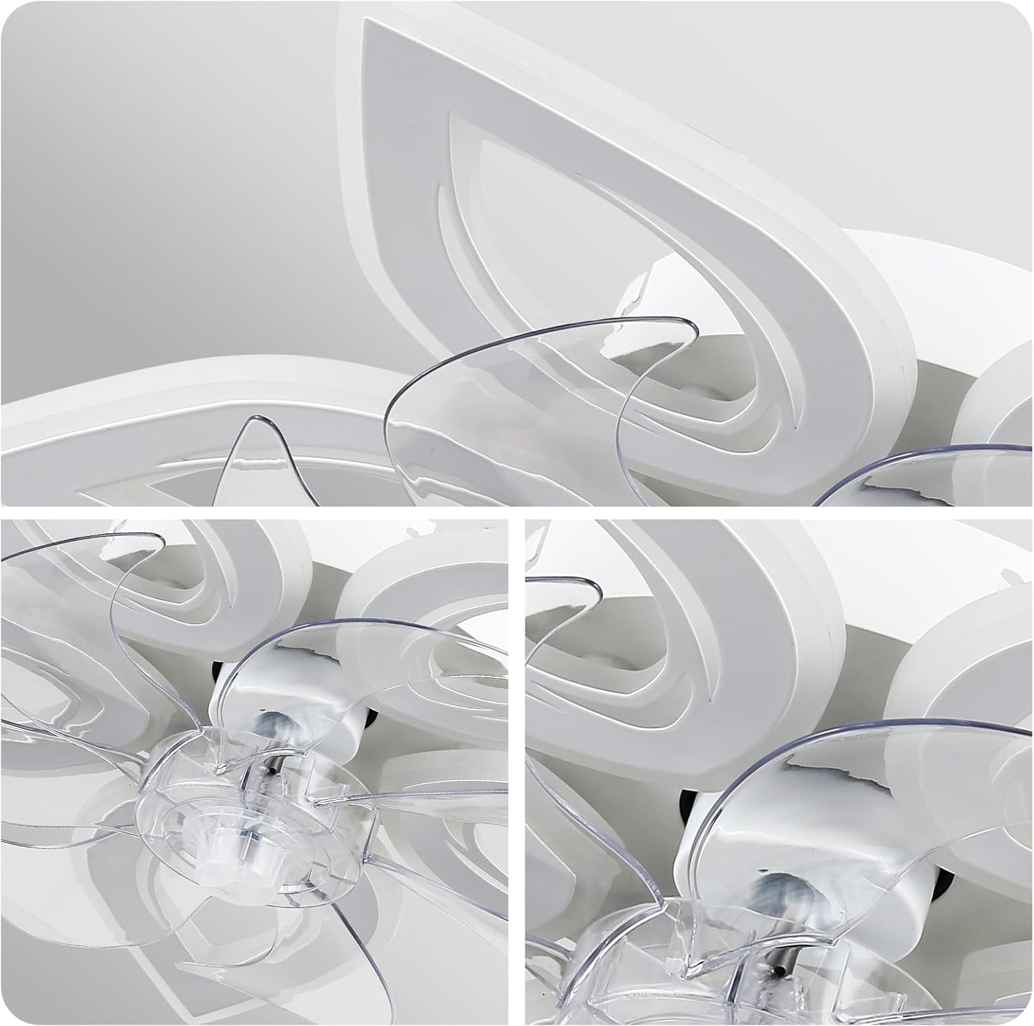 Modern chandelier with white and clear design on a light gray background