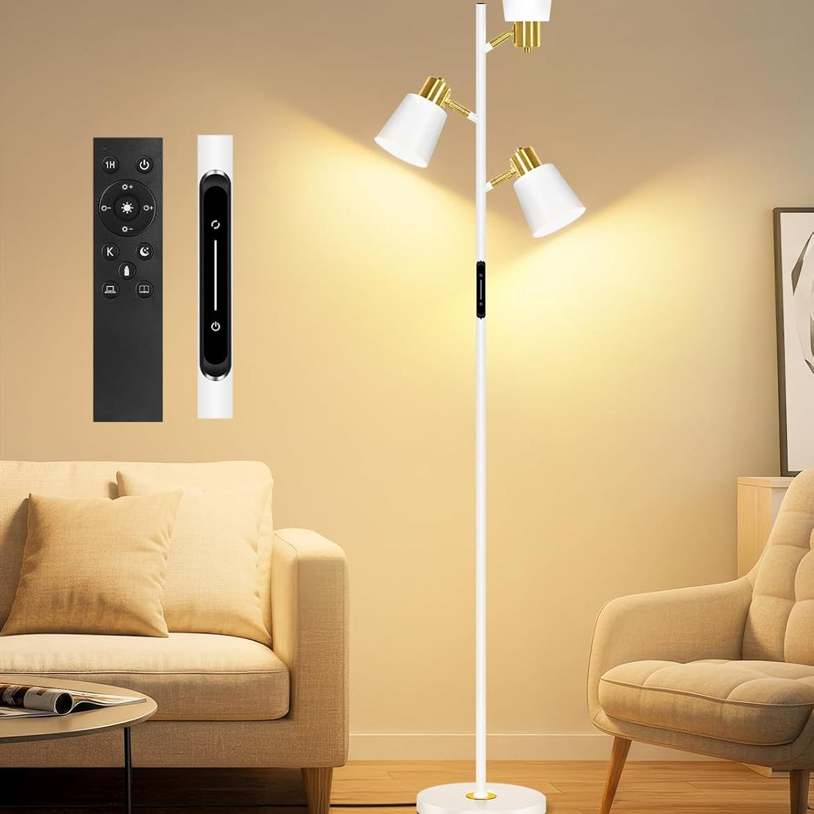 Modern floor lamp with remote control in a living room setting