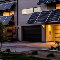 Modern house exterior with solar panels on the roof at night.