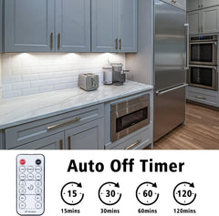 Modern kitchen with stainless steel appliances and an auto off timer display.
