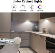 Modern kitchen with under cabinet lights highlighting features like 180LM, dimmable, timer, and CRI 80+. 