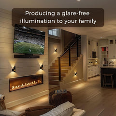 Modern living room with a TV, fireplace, and staircase, featuring text about glare-free illumination.