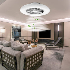Modern living room with a ceiling fan and stylish furniture.