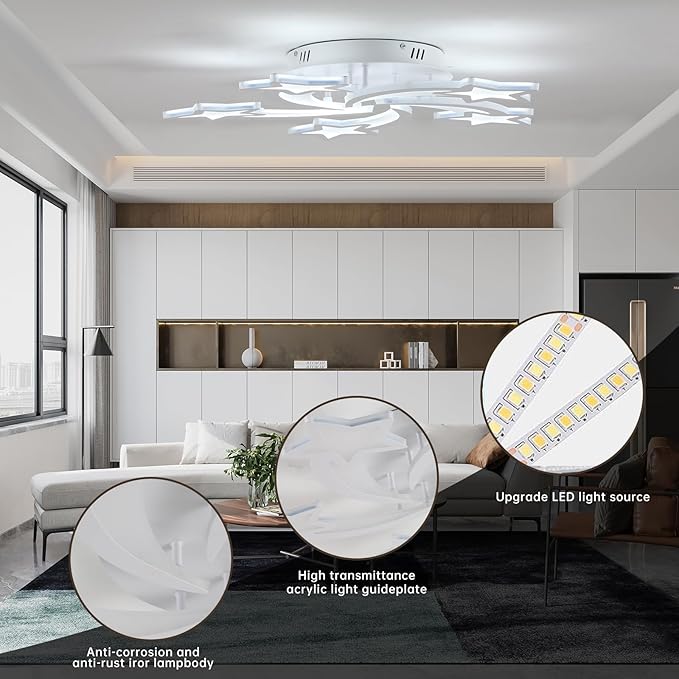 Modern living room with a ceiling light fixture and close-up details of LED lights.