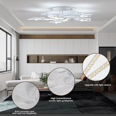 Modern living room with a ceiling light fixture and close-up details of LED lights.
