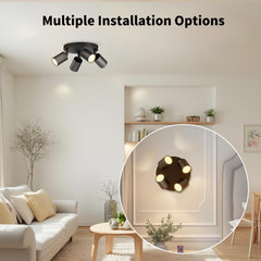 Modern living room with a ceiling light fixture and wall-mounted light fixture.