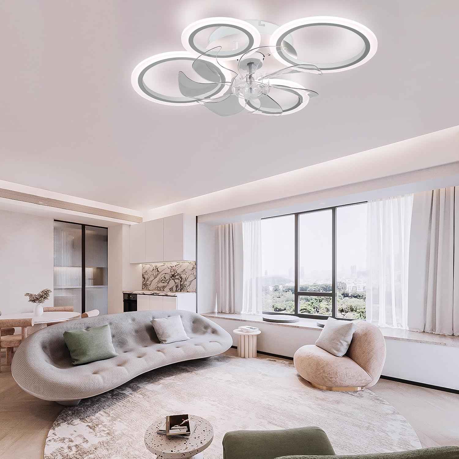 Modern living room with a ceiling light fixture, sofa, and large windows.
