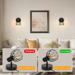 Modern living room with wall-mounted lights and a charging lamp on a table.