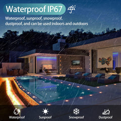 Modern outdoor living space with waterproof feature highlighted, showing rain over a pool area.