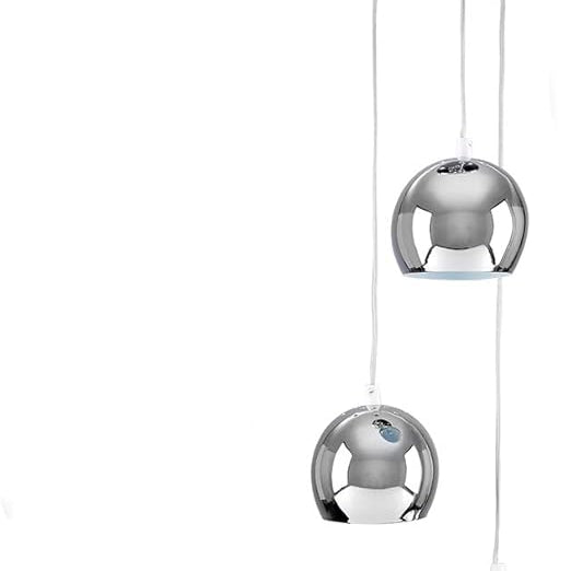 Modern pendant light with three spherical glass shades on a white background