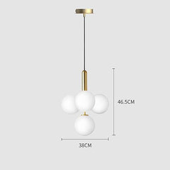 Modern pendant light with three white spherical bulbs and gold accents, shown with dimensions on a light gray background.